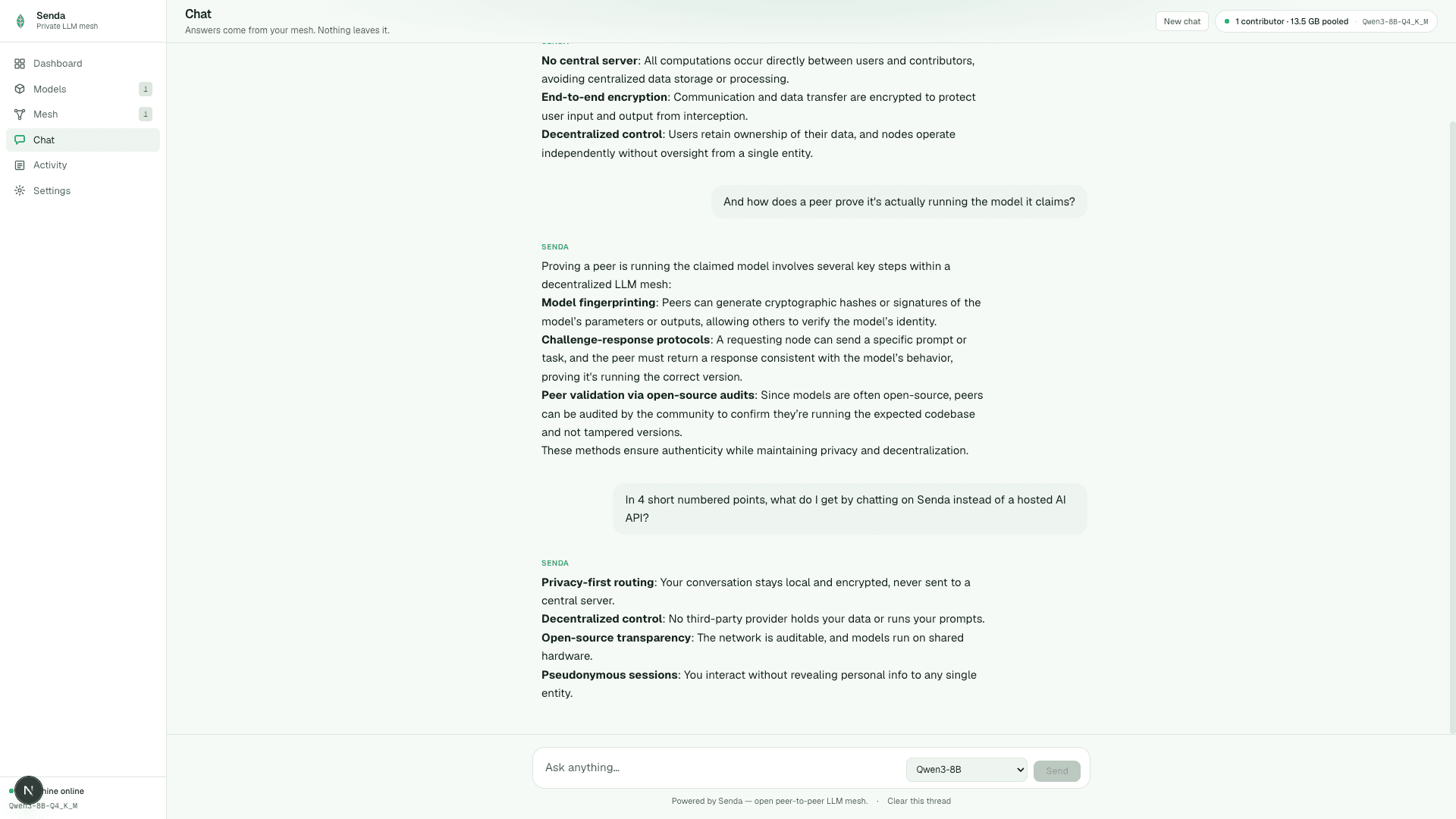 Senda desktop app chat with sidebar navigation and a streamed mesh response