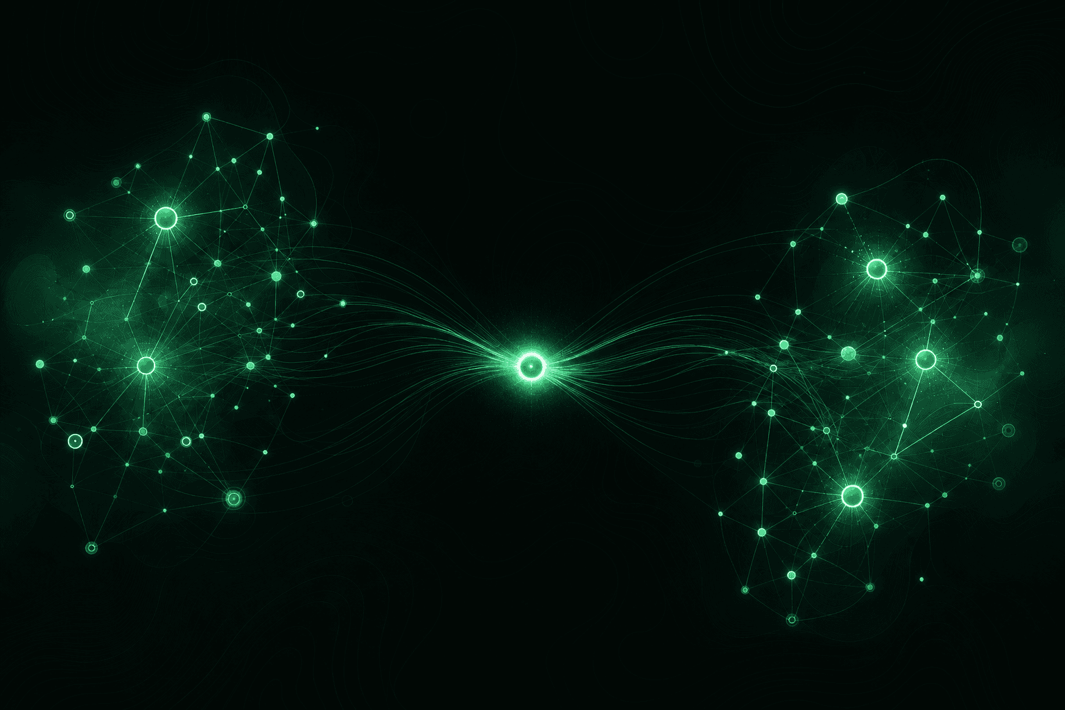 Two glowing clusters of connected nodes linked by curved luminous lines passing through a central node