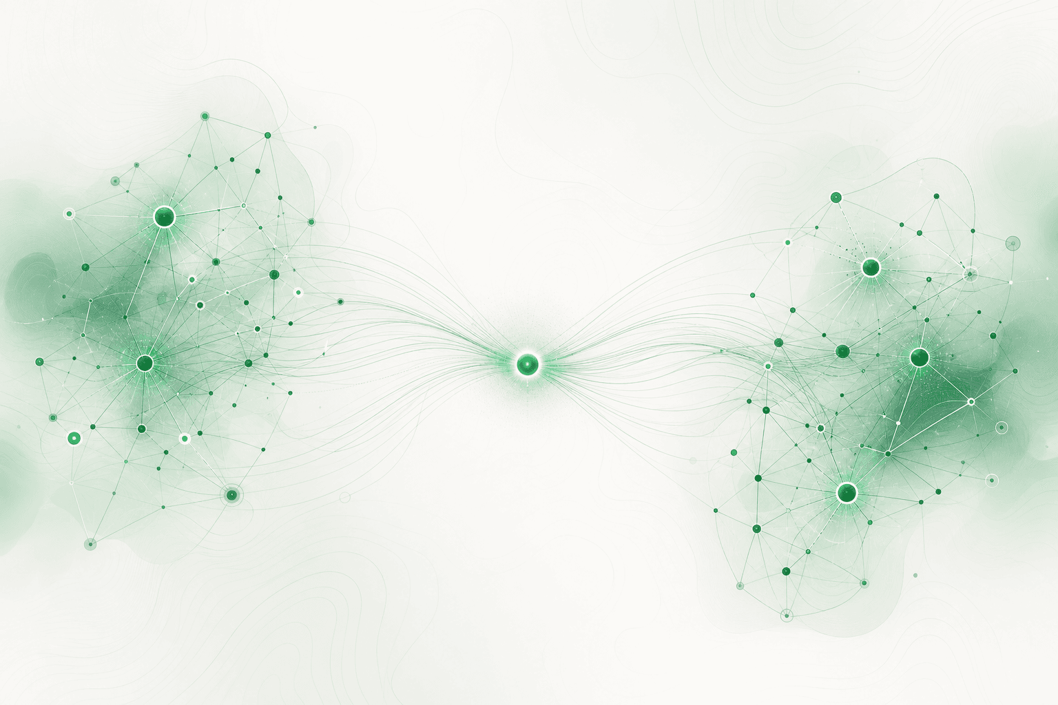 Two glowing clusters of connected nodes linked by curved luminous lines passing through a central node